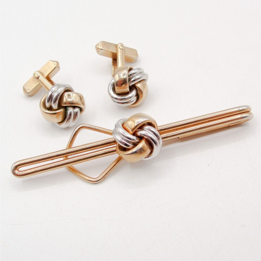 Vintage Swank Two Tone Gold Silver Love Knot Cufflinks Tie Clip Set Mens Jewelry